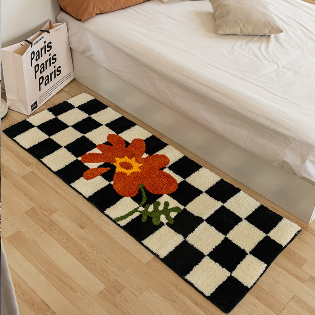 Black and White Plaid Bedroom Bedside Rug Retro Checkerboard