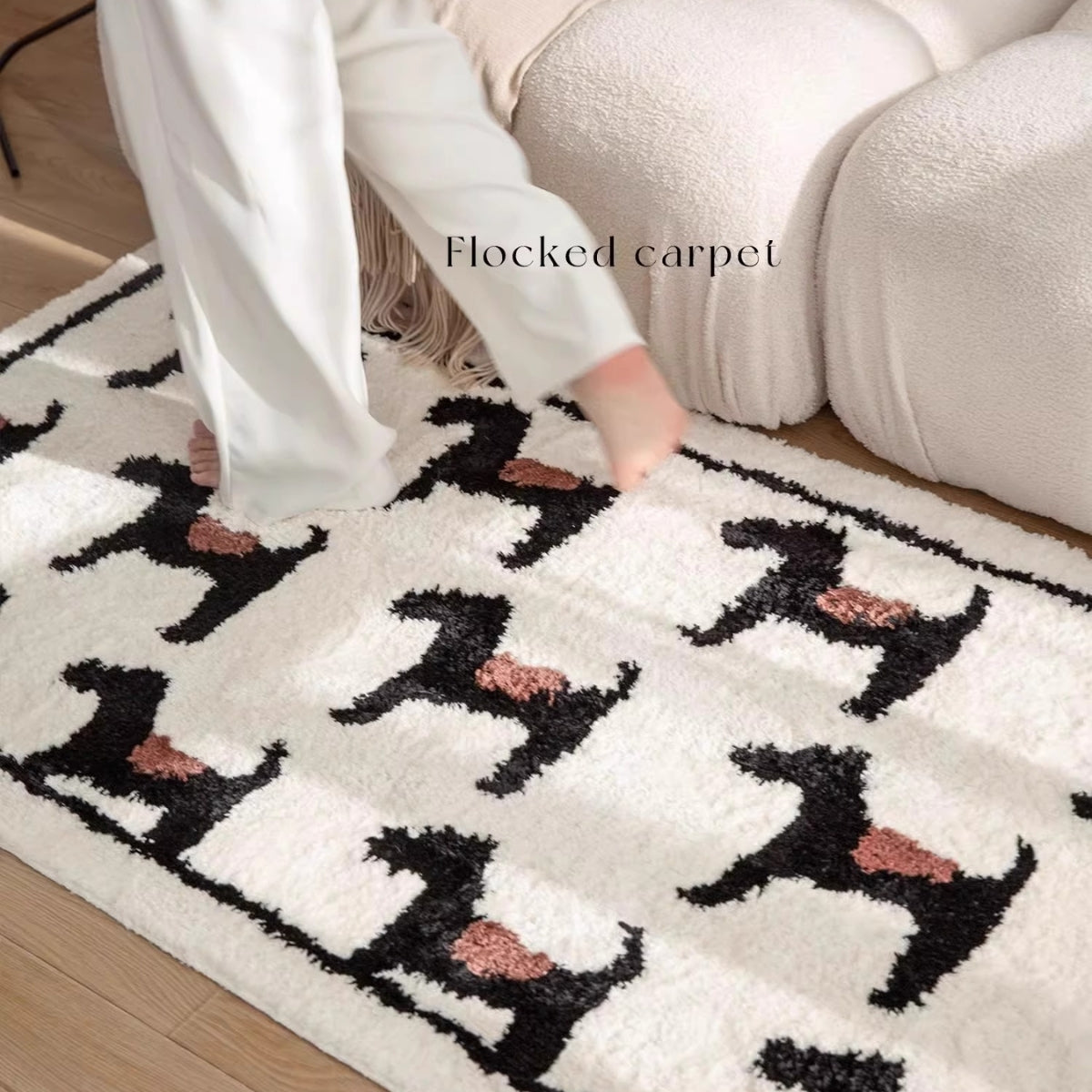 Cute Dogs Rectangular Rug - Flocked Fiber - Black and White